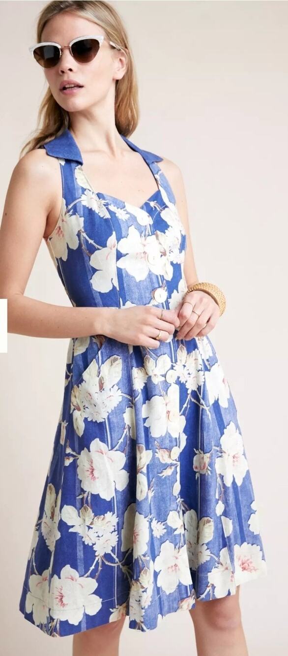Anthropologie Camellia Collared Dress Floral Linen Retro Rockabilly Pinup | 12